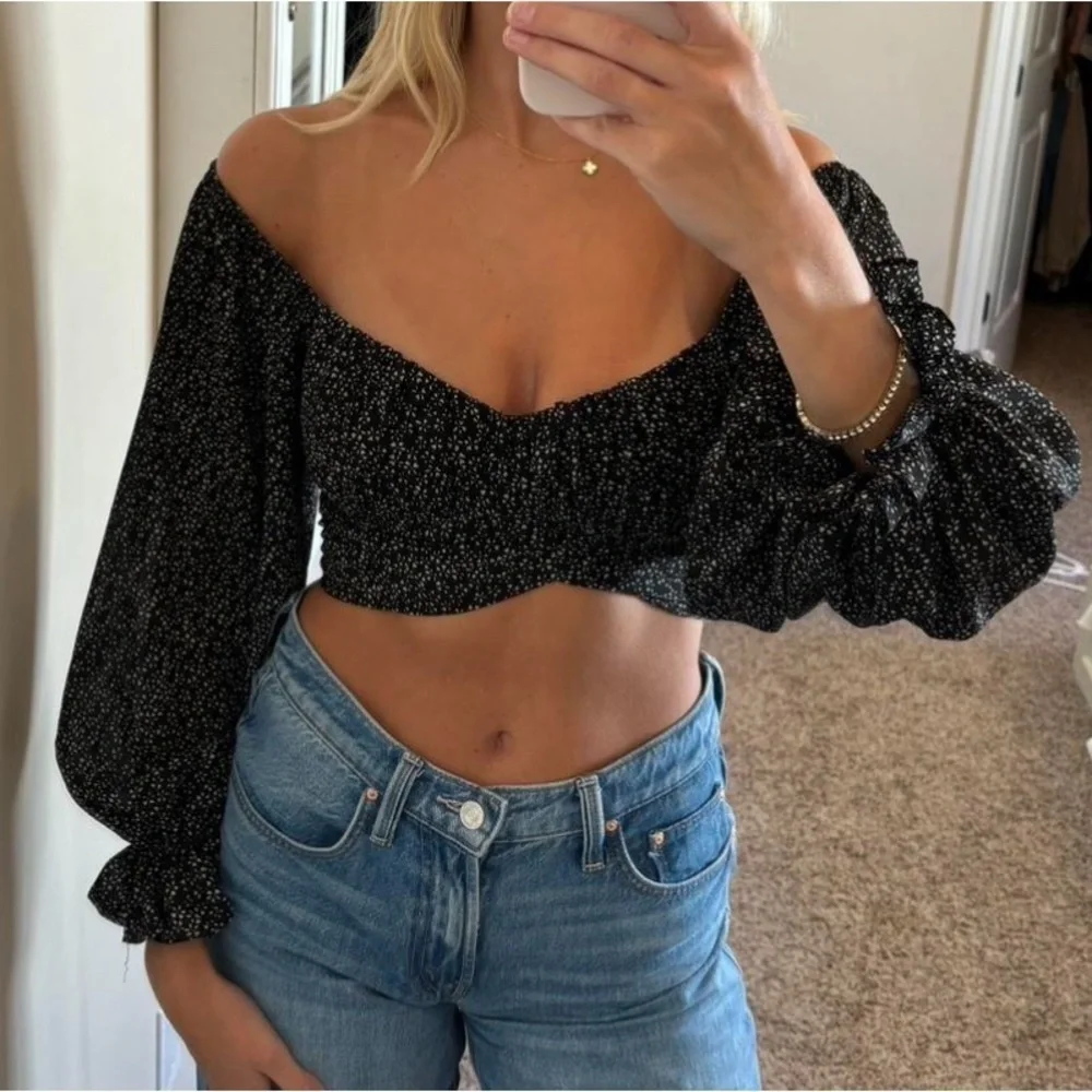 Rumor Black Floral Crop Top Coquette Size 12 New 🌸